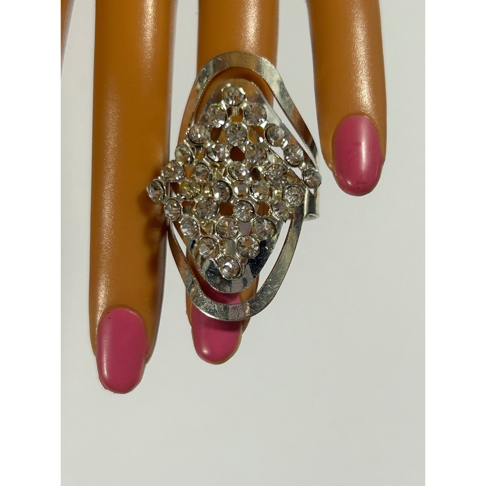 Silver Tone Rhinestone Statement Ring Adjustable Open Band Diamond Shape Cluster